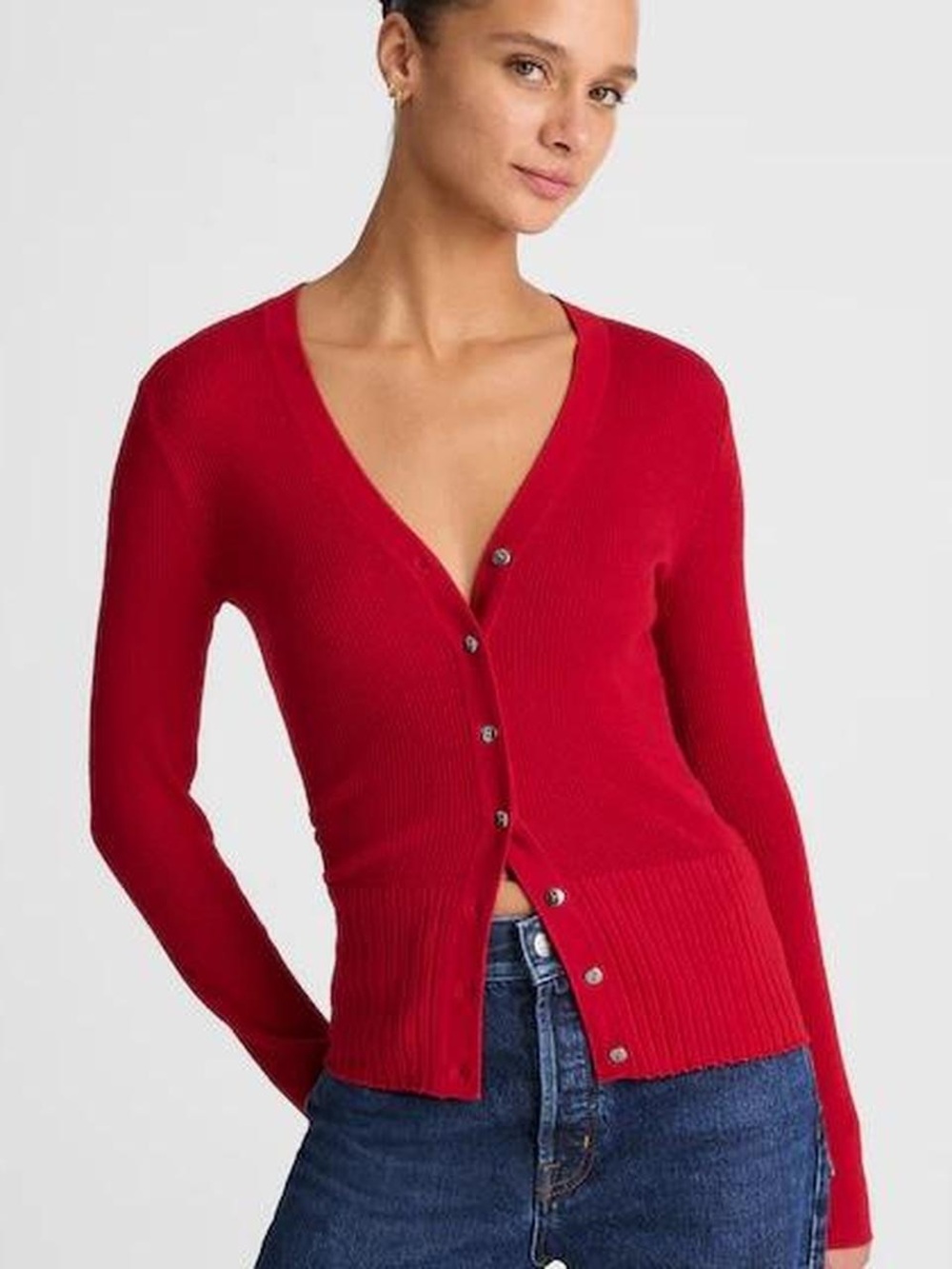 Madewell merino-silk blend Red Ribbed Button-Front Sweater Cardigan